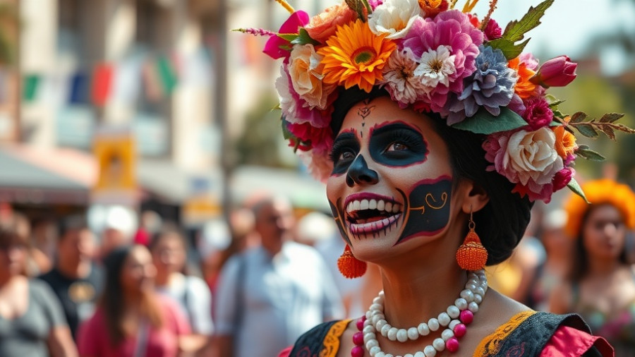 Día de los Muertos celebration in Atlanta with colorful costumes and flowers.