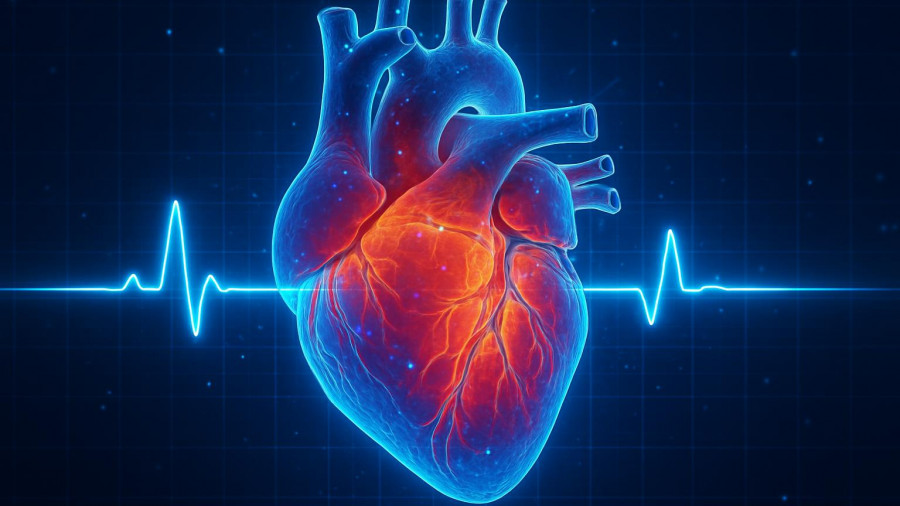 Futuristic digital heart with ECG wave for walking and heart health.