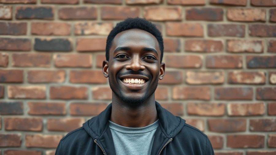 Smiling man in blue shirt with brick wall background.