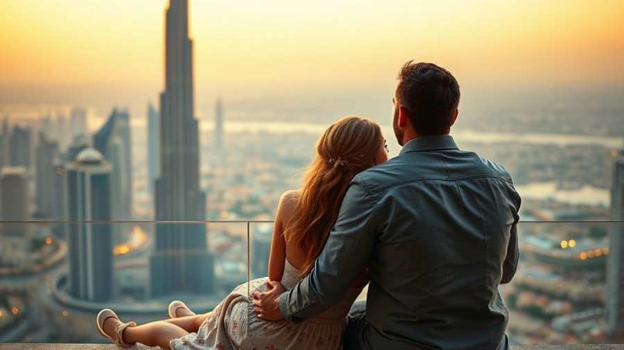 Couple enjoying romantic moment on Dubai terrace, sunset skyline.