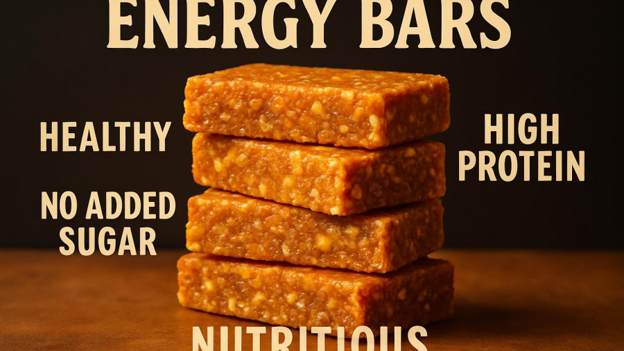 Golden energy bars with text, promoting foods for strong legs.