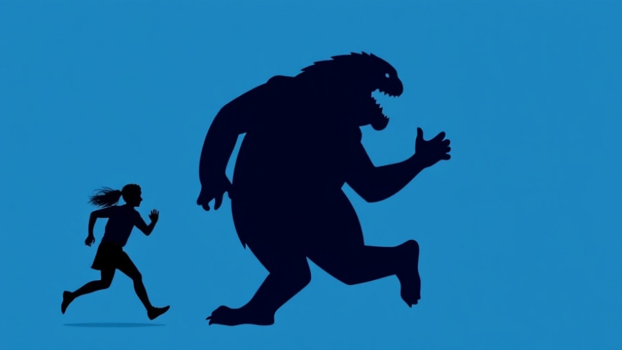 Overcoming Fear with Self-Compassion: Illustration of a person running from a shadow monster.