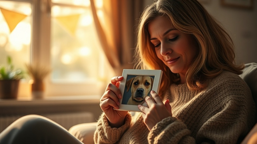 Serene scene of coping with losing a pet, person holding photo.