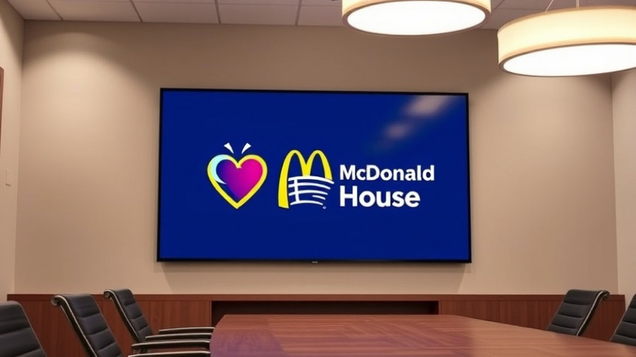 Modern conference room screen with Ronald McDonald House logo, New Ronald McDonald House Atlanta.