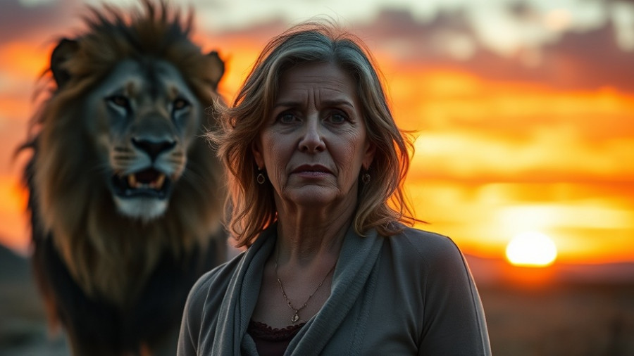 Confident woman navigating perimenopause, lion in background.