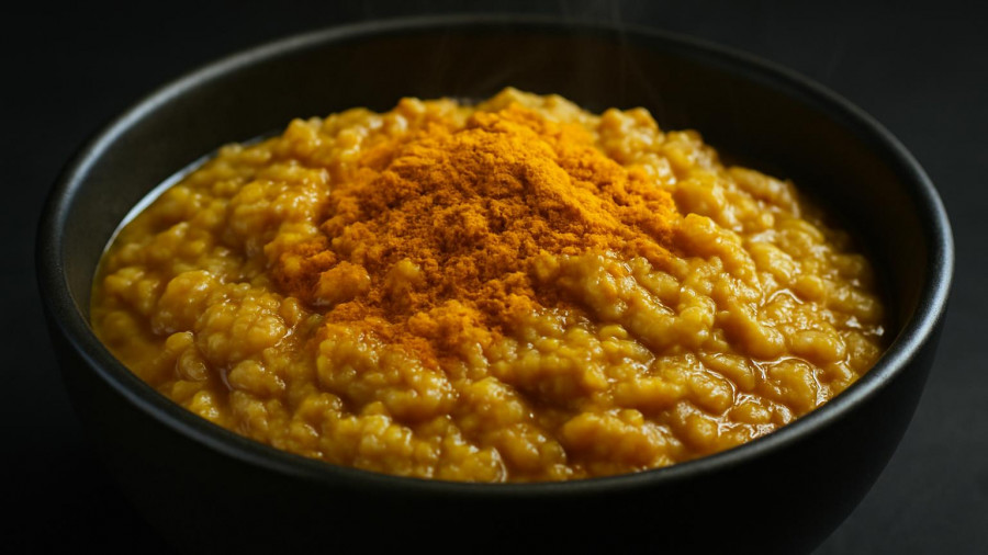 Heart healthy oatmeal with turmeric spice steaming in black bowl.