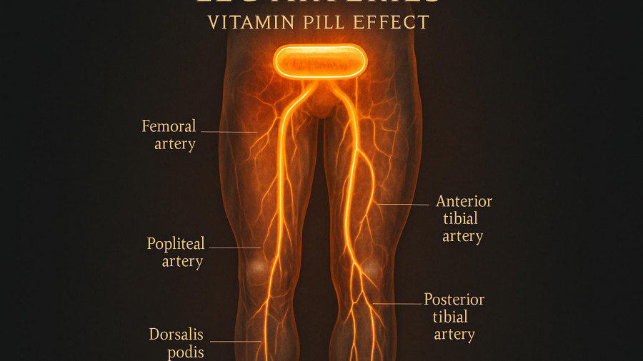Digital art of a vitamin pill clearing leg arteries in seniors