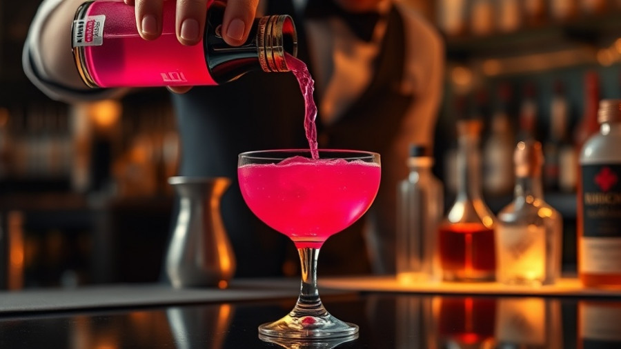 Bar Moxy Atlanta Downtown vibrant cocktail with tools.