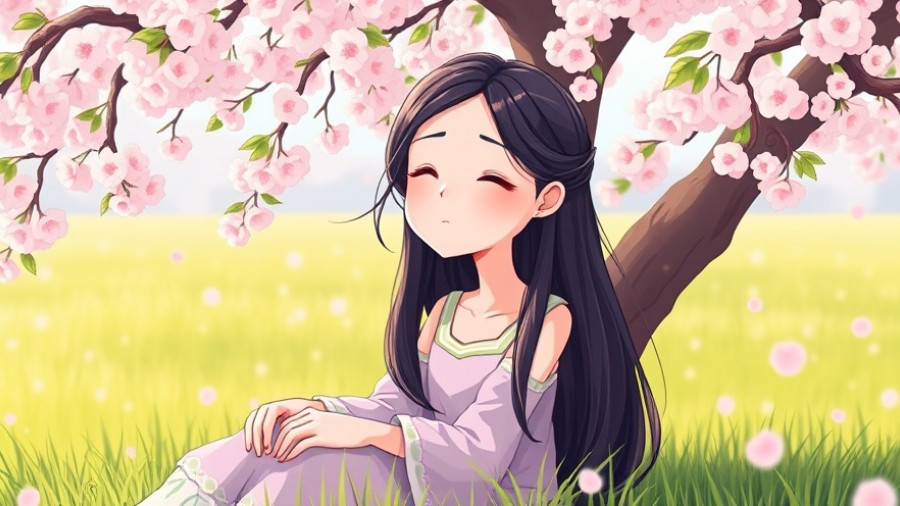 Serene woman by cherry blossom tree, reflecting on self-worth.
