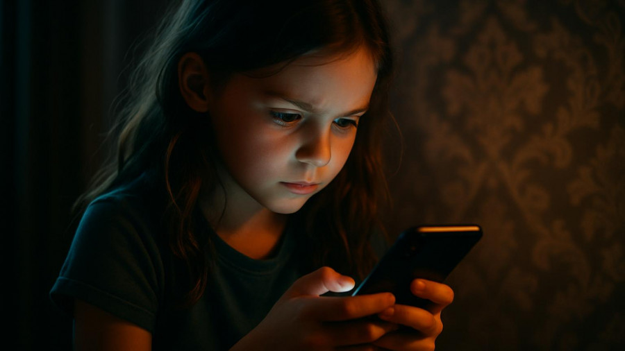 Child under blanket using phone at night, screen time effects on children's health.