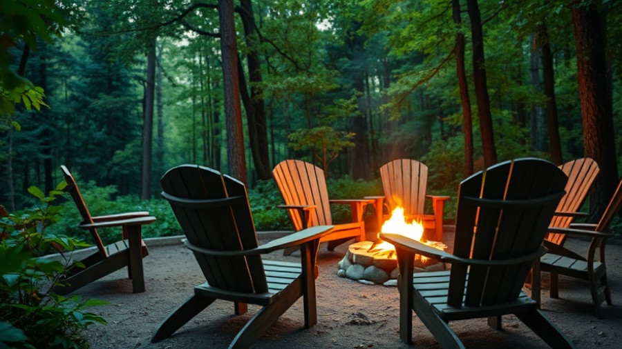 Cozy campfire surrounded by wooden chairs in a lush forest, Mountain Escapes for Atlantans.