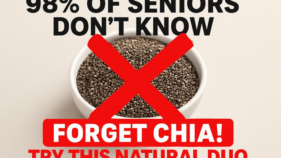 Natural Duo for Seniors' Heart and Joint Health promotional image with chia seeds.