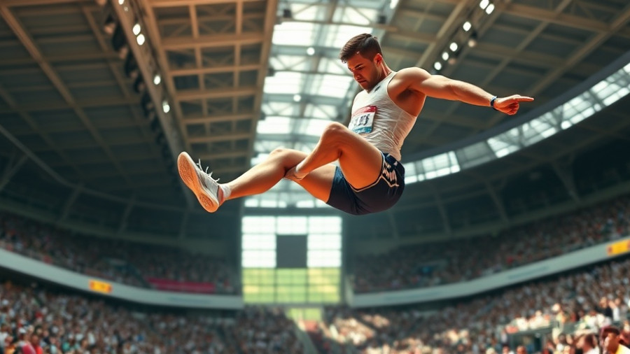 Breast Cancer Awareness with Chaunté Lowe high jumping in a stadium.