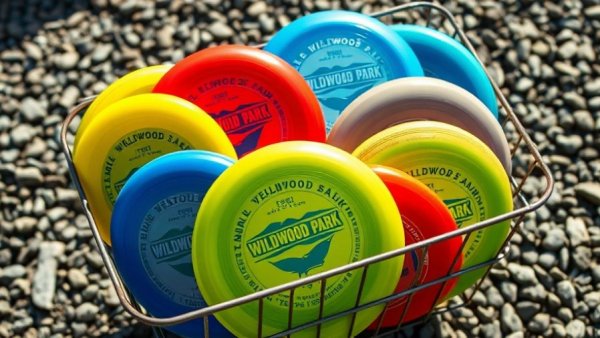 Frisbees in metal basket with Wildwood Park logo.