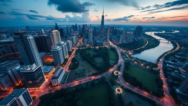 Aerial view of modern city skyscrapers at dusk, Tucker City Development.