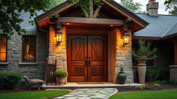 Rustic house entrance with stone and wood, New Build on Kingsley Lake.