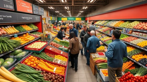 Shoppers in a grocery store amid abundant produce, showcasing consumer sentiment.