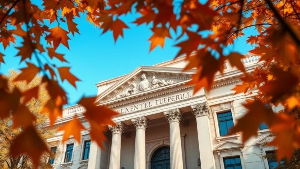 Neoclassical building facade with autumn leaves, SNAP payment delay