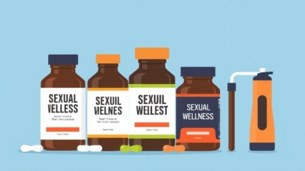 Sexual wellness products for men in UAE illustration with bottles, pills, and more.