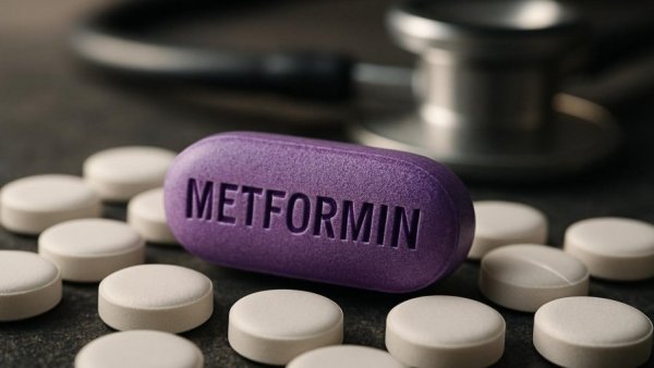 Close-up of metformin pill and white tablets representing treatment options.