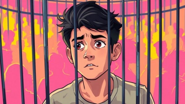 Overcoming shyness concept illustrated by a man in a cage.