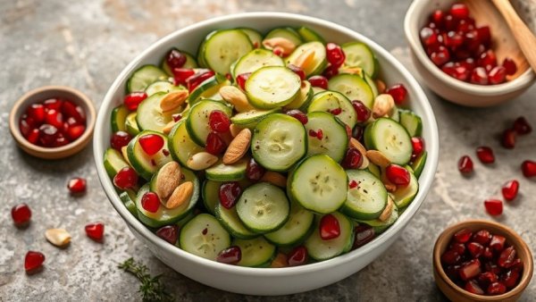 Easy pickle salad with cucumbers and almonds in a white bowl.