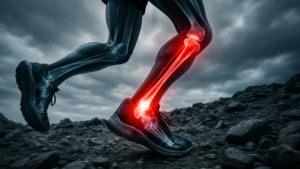 Runner's red-glowing ankle injury highlighted, rocky terrain