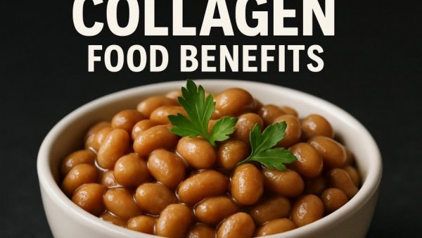 Close-up of beans in a bowl with text on collagen foods to reduce swelling.