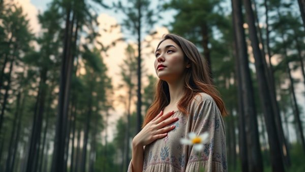 Serene young woman in pastel forest, healing without reconciliation.