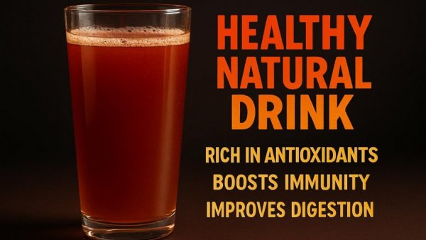 Reddish-brown drink with text promoting benefits for seniors, Natural Drinks for Improving Circulation in Seniors.