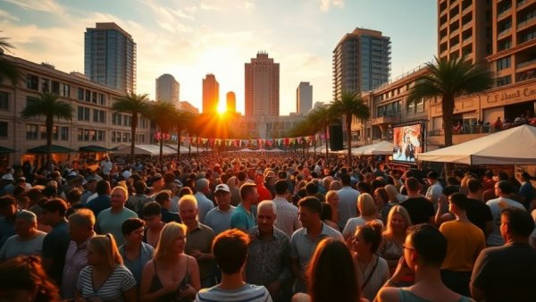 Crowd at Atlantic Station holiday festivities at sunset.