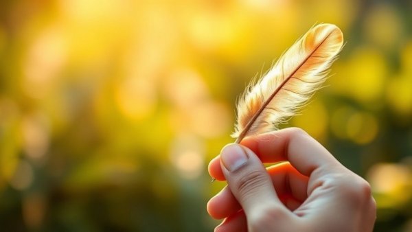Artistic close-up of a feather pen held in hand with bokeh background.