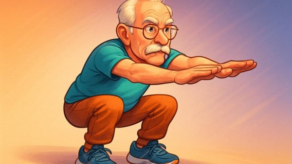 Cartoon of elderly man doing squat exercise for a 2-minute daily workout for seniors.