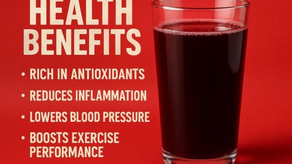 Dark red juice glass promoting ways to improve artery health.