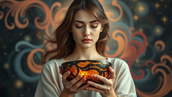 Serene woman embracing self-compassion, holding Kintsugi bowl.
