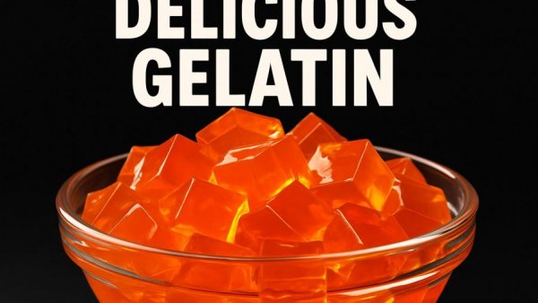 Collagen food represented by vibrant orange gelatin cubes in a bowl.