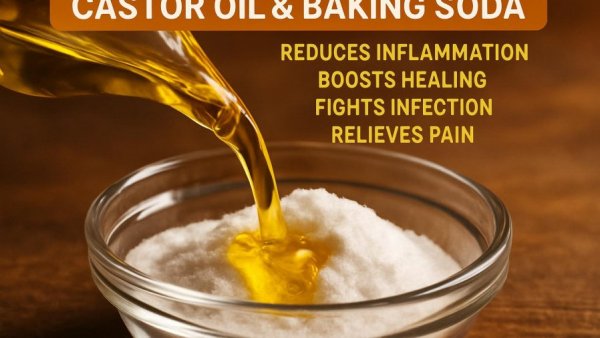 Graphic showing castor oil and baking soda benefits.