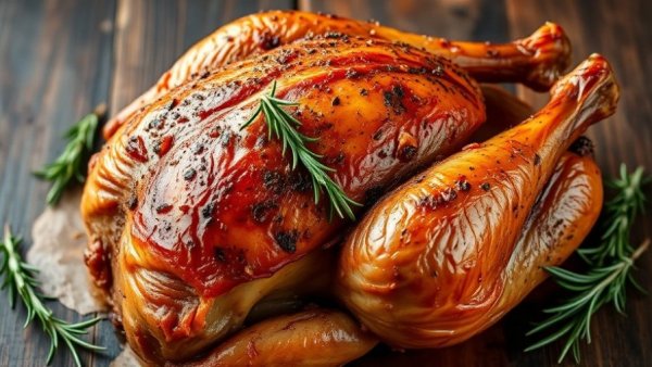 Delicious spicy spatchcock turkey garnished with rosemary on rustic tray.