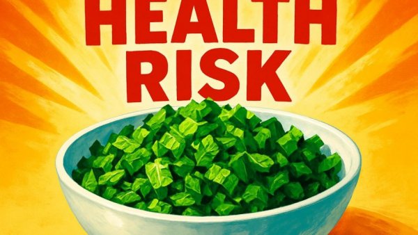 Chopped green leafy vegetables with text about stroke risk for seniors.