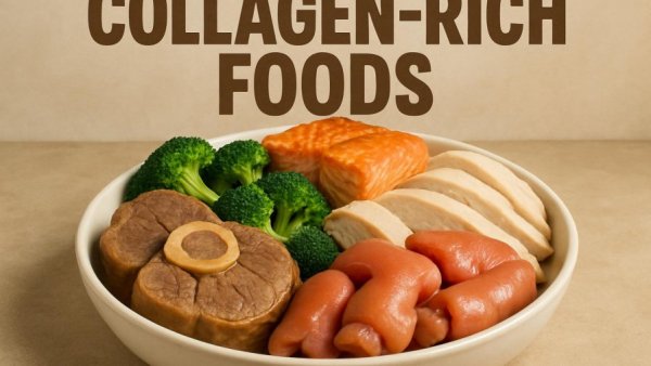 Collagen-rich foods highlighted with bold text and bowl of slices.