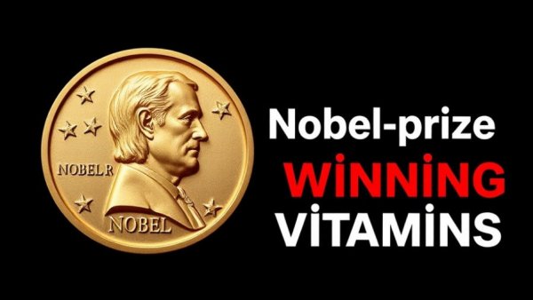 Golden medallion with 'Nobel-prize Winning Vitamins' text on black background.