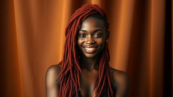 Confident woman with red dreadlocks wearing brown against elegant fabric background.