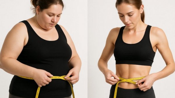 Ozempic weight loss comparison with tape measure.