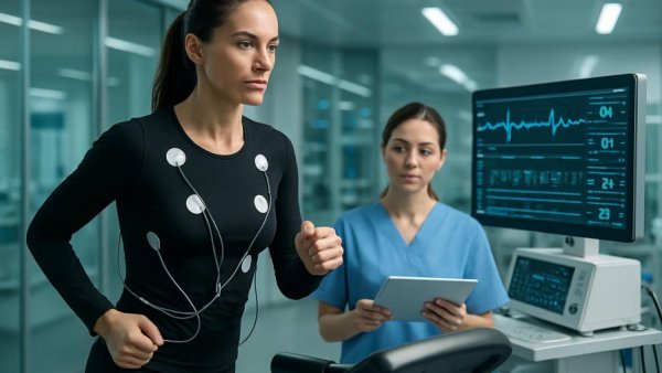 Metformin exercise benefits: Woman running on treadmill under medical supervision.