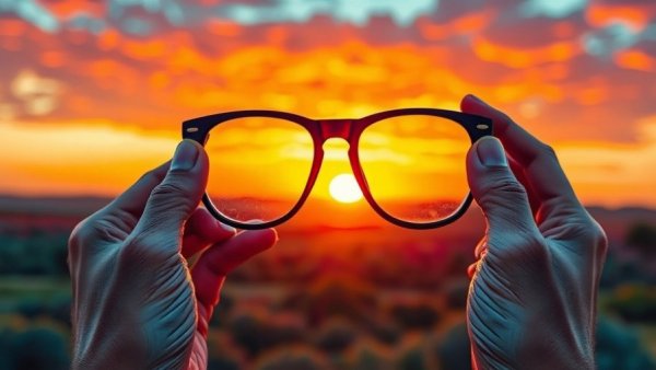 Navigating life with vision loss illustrated through sunset in glasses.