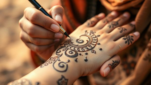 Henna Mindfulness Practices: close-up henna application on hand.