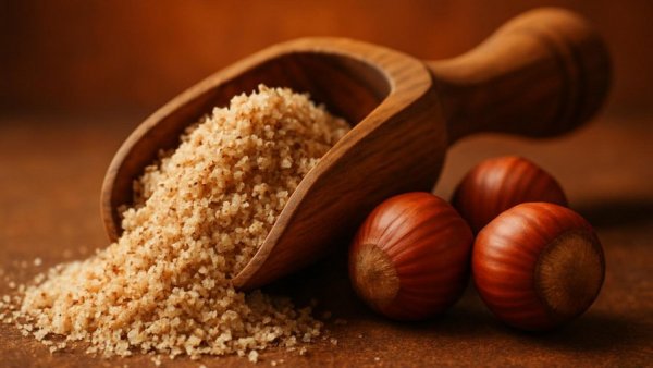 Restore vision naturally with hazelnuts and powder, vivid text overlay, warm background.