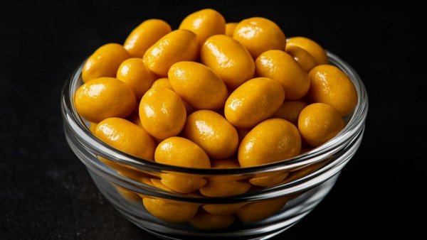 Collagen-rich yellow nuts in a glass bowl on a dark background.