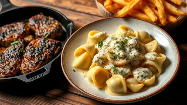 ENZO Steakhouse Atlanta opening: tortellini and steak with fries.