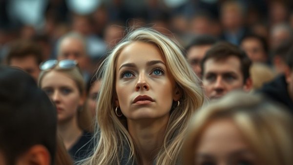 Focused expression of blond woman in crowd, anticipating.